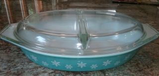 Vintage Pyrex Turquoise Snowflake 1.  5 Qt Oval Divided Casserole Dish W/ Lid Usa
