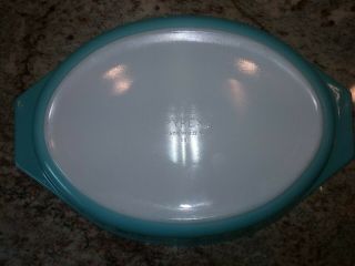 Vintage Pyrex Turquoise Snowflake 1.  5 Qt Oval Divided Casserole Dish W/ Lid USA 5