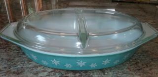 Vintage Pyrex Turquoise Snowflake 1.  5 Qt Oval Divided Casserole Dish W/ Lid USA 7