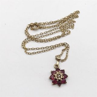 Vintage Solid 10ct Not 9ct Gold Ruby Diamond Cluster Flower Pendant Necklace
