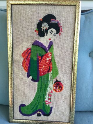 Vintage Framed Asian Geisha Needlepoint 22 " X 12 " Verne Gallery