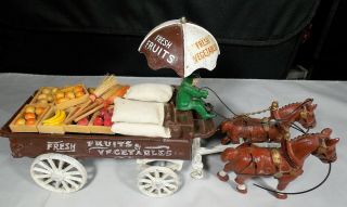 Vtg Cast Iron 2 Horse Driver Vegetable Delivery Wagon 17 Pc Crates Sacks Brooms