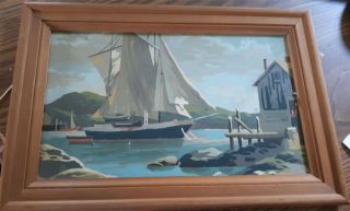 Vintage 1950s Framed Paint By Number Pbn Moored Sailboat 18x12