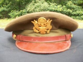 Vintage Military Wwii Us Army Brown Hat Cap With Badge & Papers Cl4