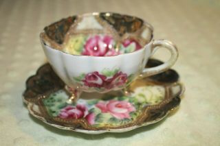 Vintage Nippon Hand Painted Footed Cup And Saucer - Roses,  Gold,  Black,  Green