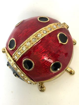 Vintage Trinket Box Goldtone Crystals Vibrant Enamel Ladybug Item Signed Qifu