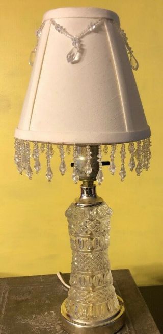 Vintage Lead Cut Glass Crystal Clear Table Parlor Boudoir Lamp Beaded Shade 15”