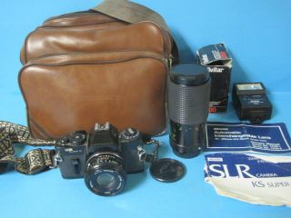 Sears Ks Ii 35mm Slr Film Camera Body W/zoom Lens,  Flash & Leather Case