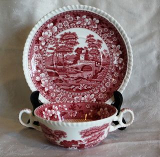Vintage Spode Pink Tower Transferware Double Handled Cream Soup Bowl Under Plate