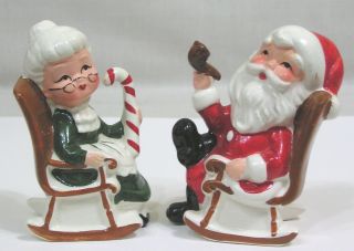Vtg Christmas Pair Mr.  Mrs.  Santa Salt Pepper Shakers On Rocking Chairs 8139