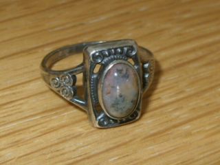 Art Deco Vintage Sterling Silver Stunning Moss Agate Ring,  Size P