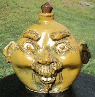 Vtg 2006 Folk Artist Signed Grotesque Face Jug Stoneware Pottery B.  A.  Fu Manchu
