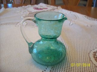 Aqua Color Small Vintage Hand Blown Handled Crackle Art Glass Pitcher