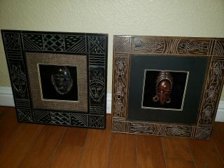 Hand Carved Wooden Tribal African Mask Vintage In Shadow Box Frame