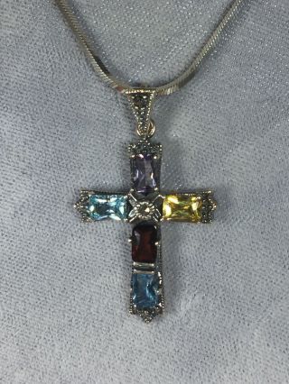Vintage Color Cz Marcasite 925 Sterling Silver Cross Pendant & Necklace Chain