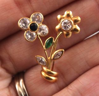 Vintage 18kt Yellow Gold & Lab Created Glass Stones Figural Flower Pin Brooch