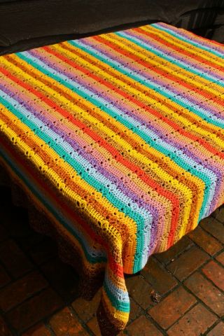 Vintage Handmade Crochet Knit Marled & Solid Rainbow Stripe Afghan/throw/spread