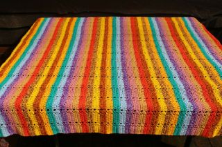 Vintage Handmade Crochet Knit Marled & Solid Rainbow Stripe Afghan/Throw/Spread 2