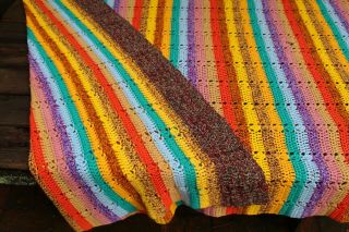 Vintage Handmade Crochet Knit Marled & Solid Rainbow Stripe Afghan/Throw/Spread 4