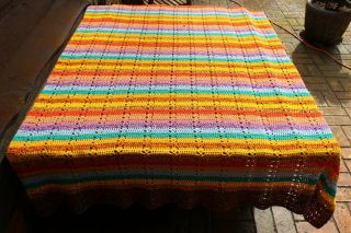 Vintage Handmade Crochet Knit Marled & Solid Rainbow Stripe Afghan/Throw/Spread 6