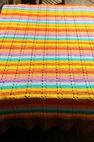 Vintage Handmade Crochet Knit Marled & Solid Rainbow Stripe Afghan/Throw/Spread 7