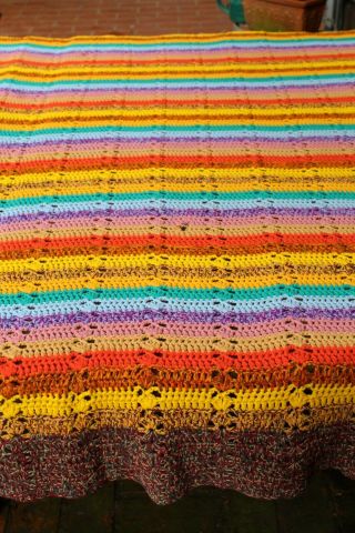 Vintage Handmade Crochet Knit Marled & Solid Rainbow Stripe Afghan/Throw/Spread 8
