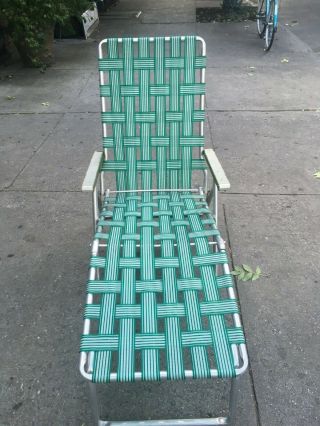 Vintage Mid Century Chaise Lounge Chair Green Web Aluminum Lawn Folding Patio