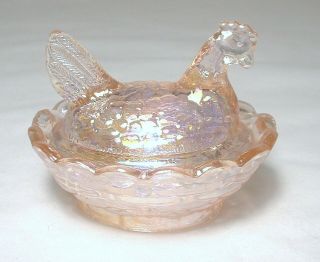 Vintage Degenhart Glass Mini Chick Hen On Nest Covered Salt Pink Carnival Marked
