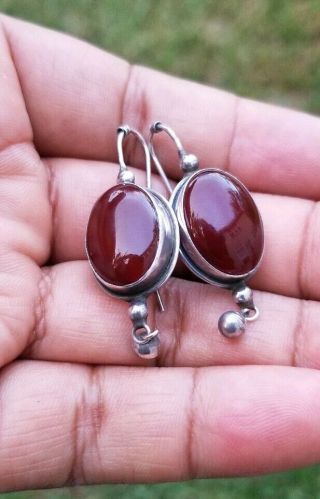 Vintage Mexican Sterling Silver 925 Red Carnelian Hoop Dangle Earrings