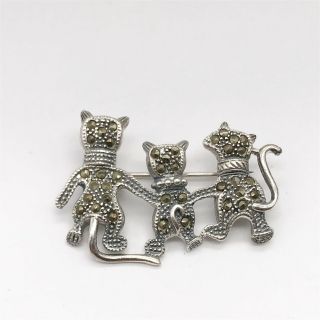 Vintage Solid Silver Marcasite Art Deco 3 Cats Kittens Pussy Cats Ladies Brooch