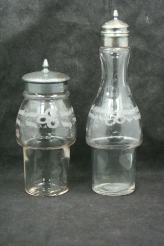 Vintage Set Of 2 Matching Glass Condiment Shakers Cruets For Castor Set