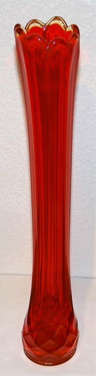 Vtg Ruby Bright Blood Red 14 3/4 " Stretched Swung Vase W/ Silver Crest Ribbed