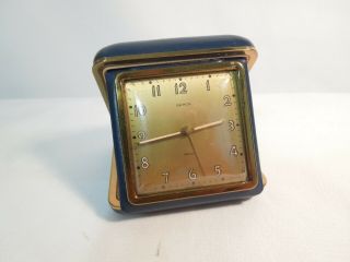 Vintage Semca Travel Alarm Clock Brass With Blue Case Swiss Made 1 Jewel