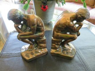 Vintage 1928 Brass Plated Cast Bronze The Thinker Bookends 7 " Metal Art Statue