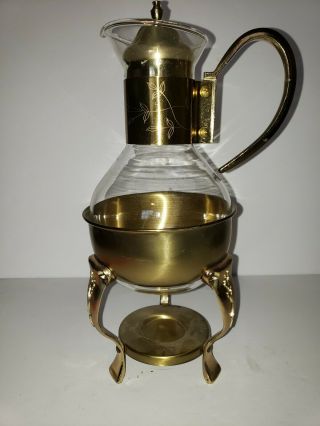 Princess House Brass & Crystal Coffee Tea Pot W/ Warmer Vintage Carafe 447