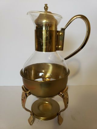 Princess House Brass & Crystal Coffee Tea Pot w/ Warmer Vintage Carafe 447 2