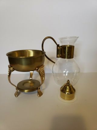 Princess House Brass & Crystal Coffee Tea Pot w/ Warmer Vintage Carafe 447 7