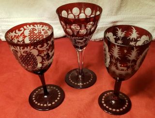 Vintage Bohemian Ruby Red Crystal Cut To Clear Fancy Wine Stemware As Pictured