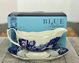 Spode Blue Italian Sauce Boat & Stand Vintage