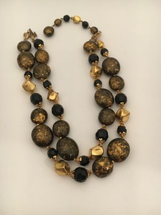 Vintage Deauville 2 Strand Black Gold Glass & Plastic Beaded Necklace (8)