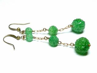 Vintage Art Deco Green Pressed Glass Bead Drop Earrings To Match 1930s Necklaces