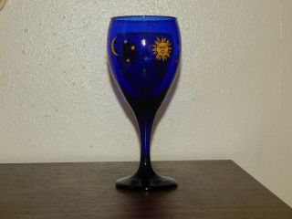 Vintage Libbey Cobalt Blue Wine Glass Chalice Celestial Moon,  Sun Water Goblet