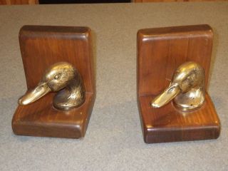 Vintage Brass? Duck Head Bookends With Wood Base