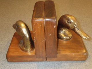 VINTAGE BRASS? DUCK HEAD BOOKENDS WITH WOOD BASE 2