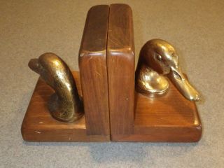 VINTAGE BRASS? DUCK HEAD BOOKENDS WITH WOOD BASE 3