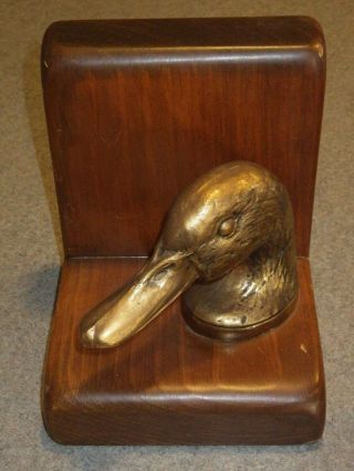 VINTAGE BRASS? DUCK HEAD BOOKENDS WITH WOOD BASE 4