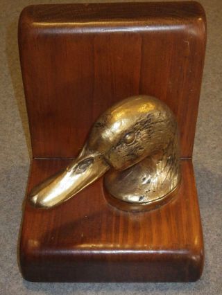 VINTAGE BRASS? DUCK HEAD BOOKENDS WITH WOOD BASE 5