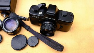 Vintage Pentax Auto 110 Camera,  3 lenses,  Flash 5