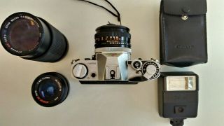 Canon AE - 1 35mm Camera with FD 50 mm f/1.  8 Lens & Power Winder & 2 extra lens 3