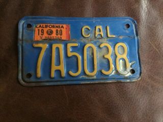 1980 - 1981 California Motorcycle License Plate.  Vintage Blue Moto Tag.